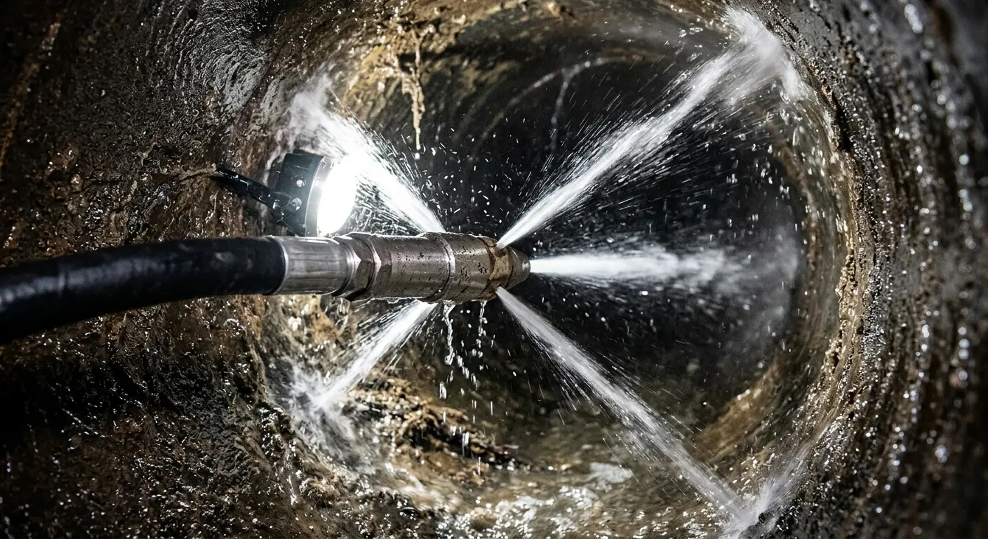 High-pressure hydro jetting nozzle cleaning sewer pipe for Sewer Cleanout in Wareham