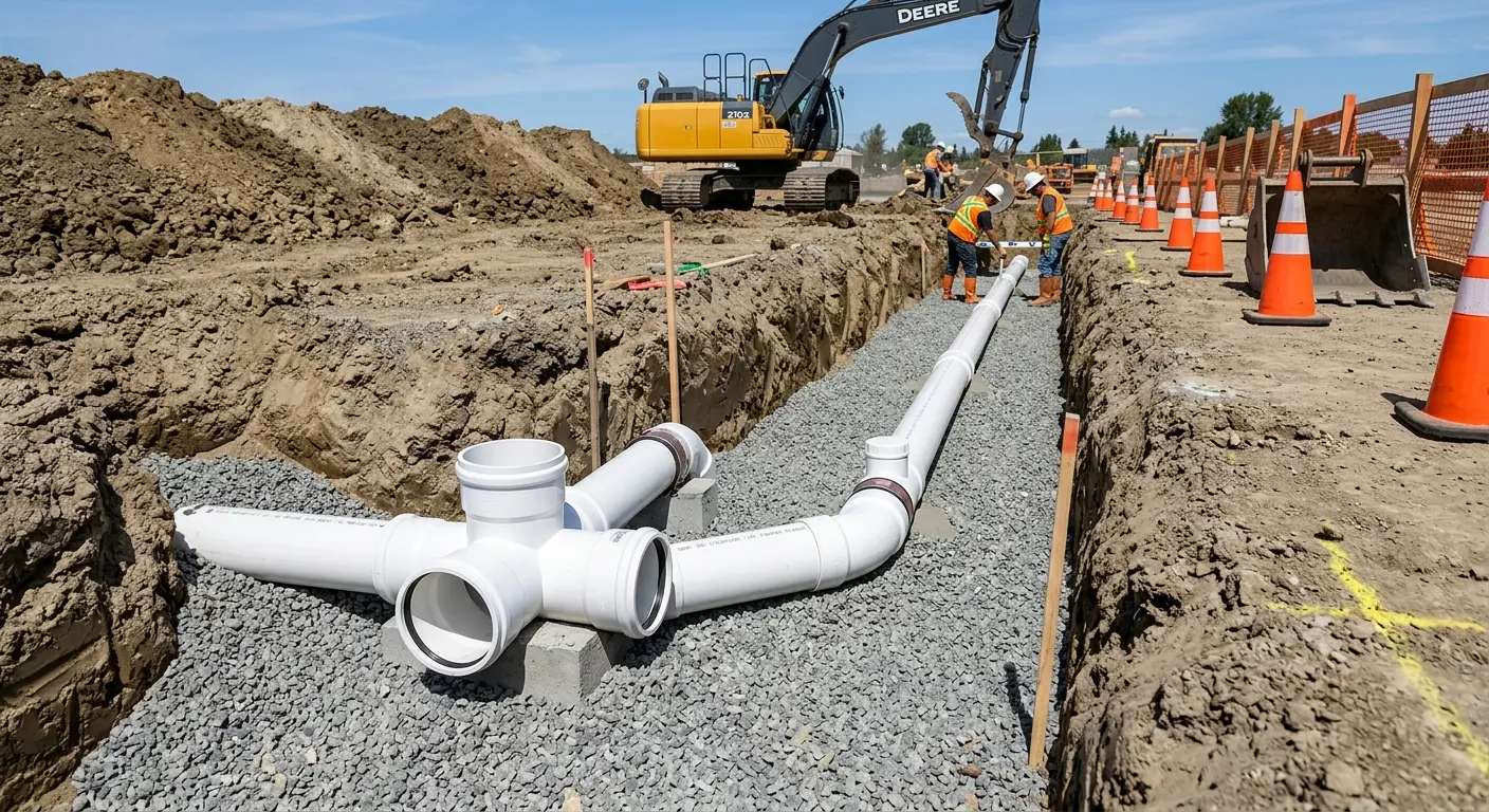 New PVC sewer pipe installation in open trench for Sewer Backup in Wareham