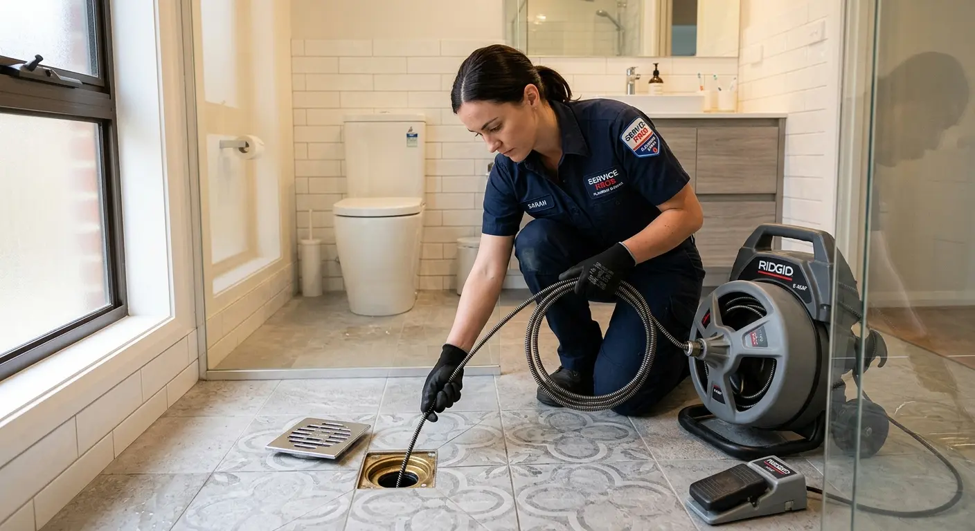 Technician clearing a bathroom floor drain for Drain Cleaning in Wareham
